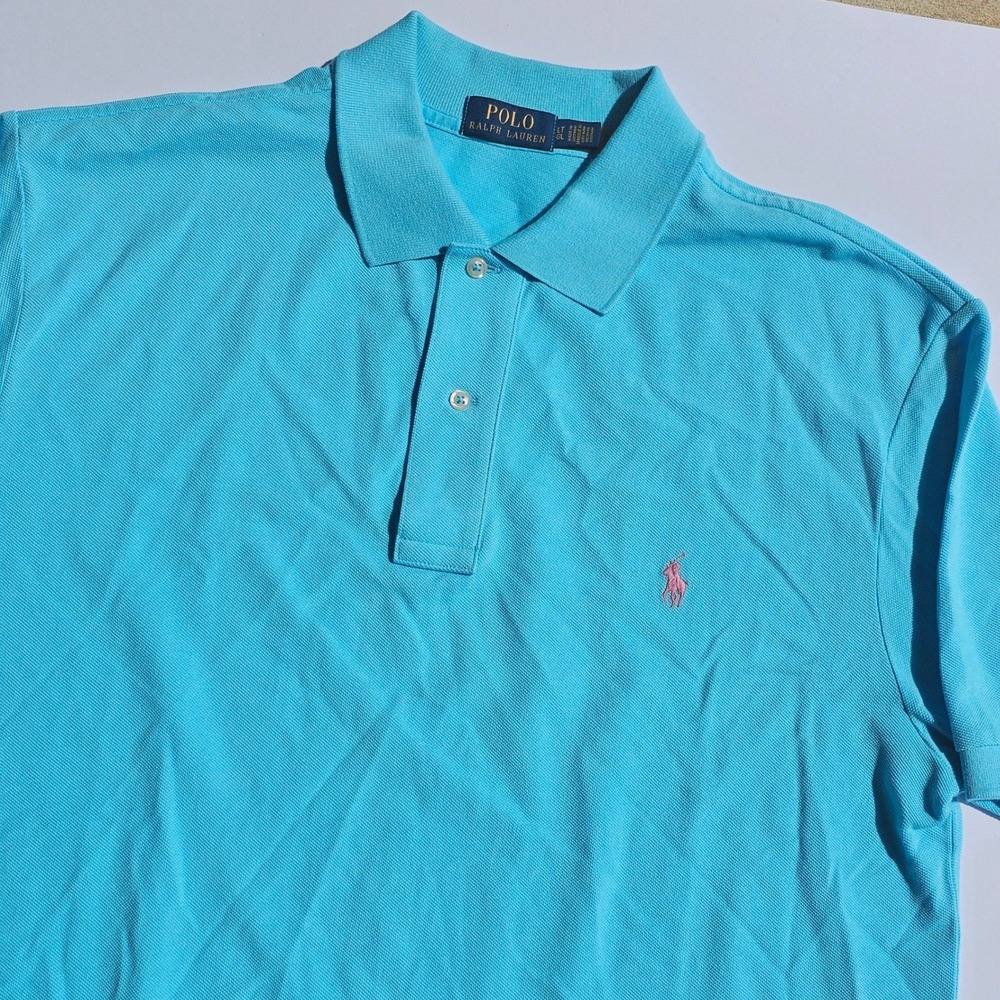 Polo Ralph Lauren Mens Light Blue Pink Pony Cotton Mesh Polo Shirt Size LT